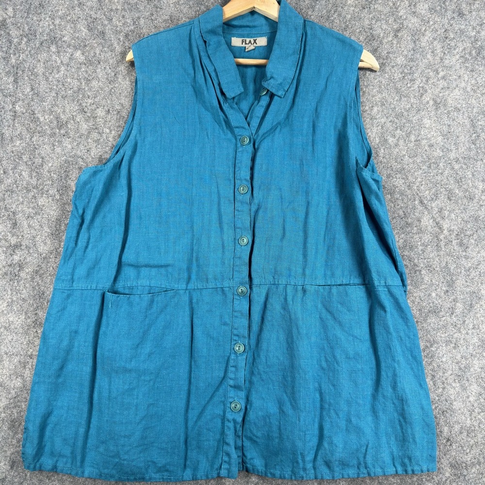 FLAX Shirt Womens Large Blue Linen Sleeveless Button‎ Front Tunic Top Pockets